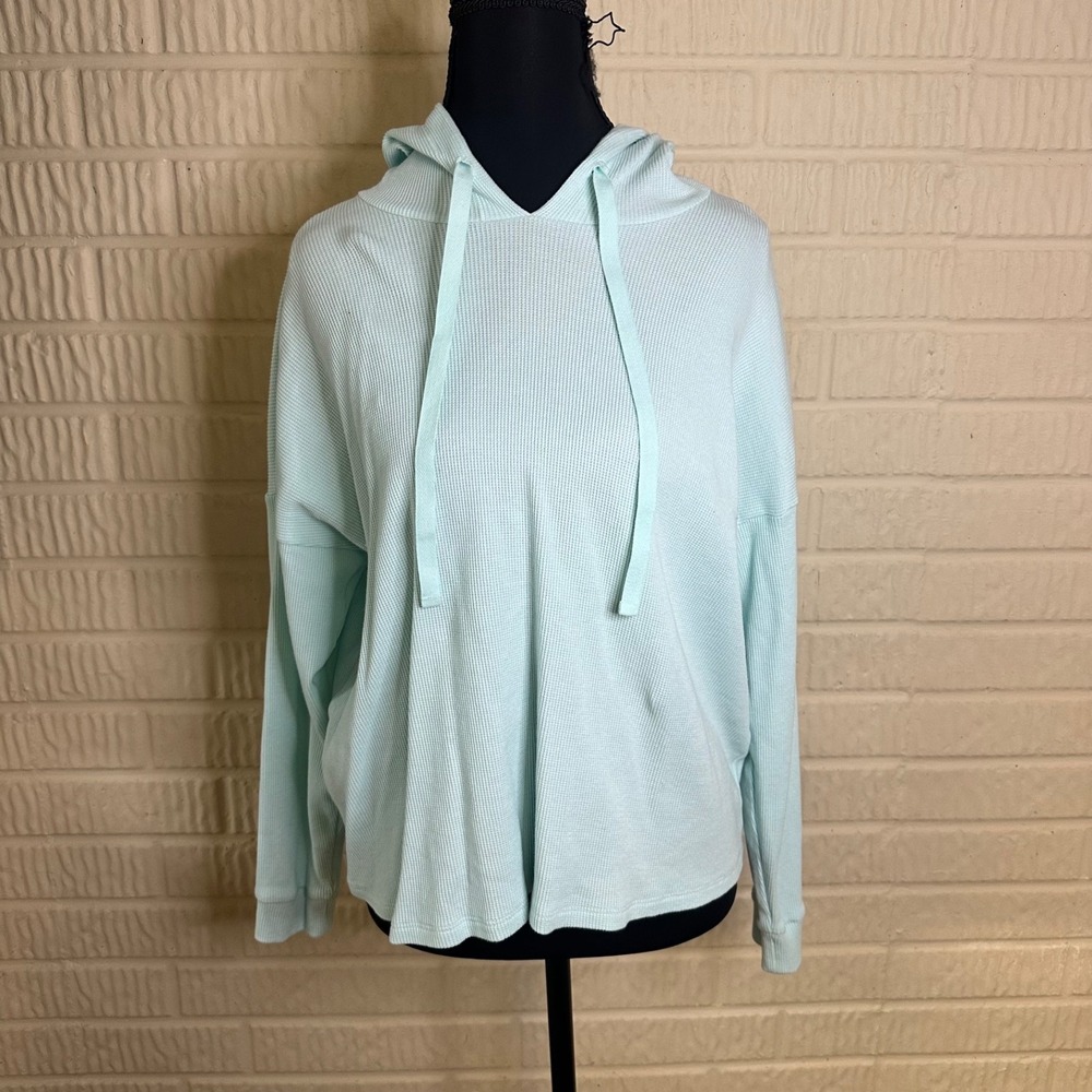 Eileen Fisher Cozy Waffle Knit Hooded Top Size M Boxy Fit Cropped Organic Cotton